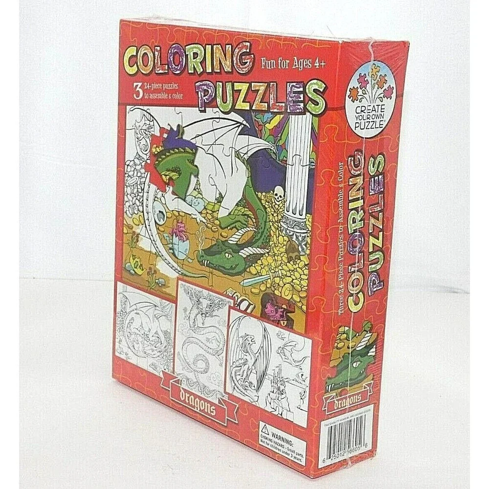 Coloring Puzzles DRAGONS Three 24 Piece Puzzles to Assemble & Color New Sealed